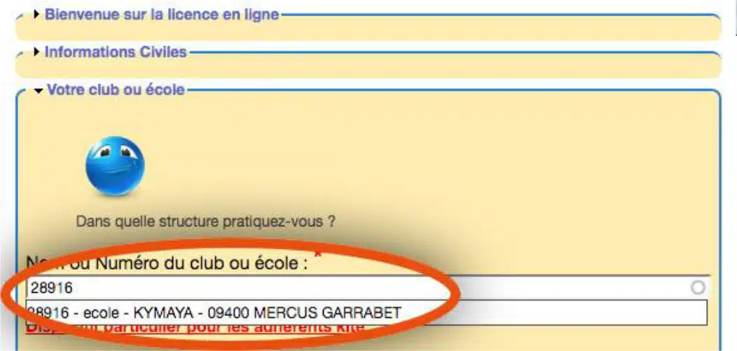 Capture d'écran FFVL montrant le choix de l'école de parapente Kymaya avec le numéro 28916